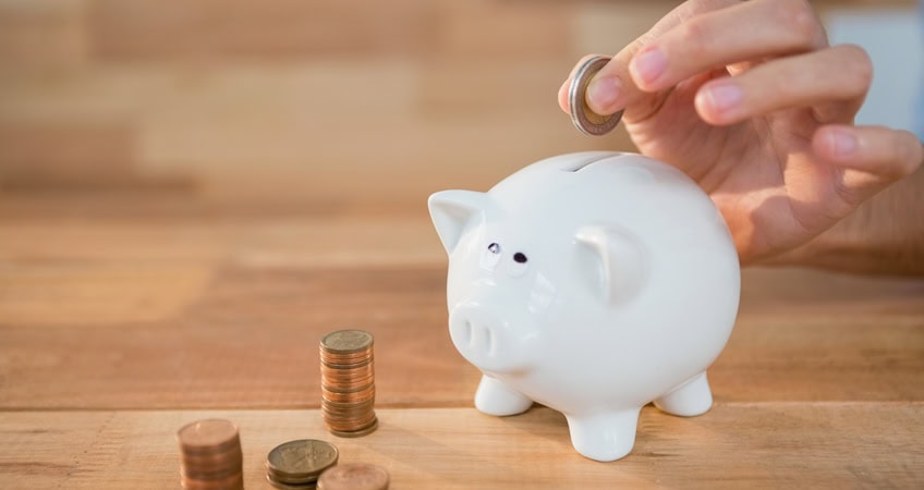 Piggy bank with coins symbolising savings for Irish seniors.