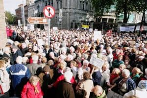 A large crowd of senior citizens gather for a peaceful protest at the Irish Senior Citizens Parliament in Dublin.