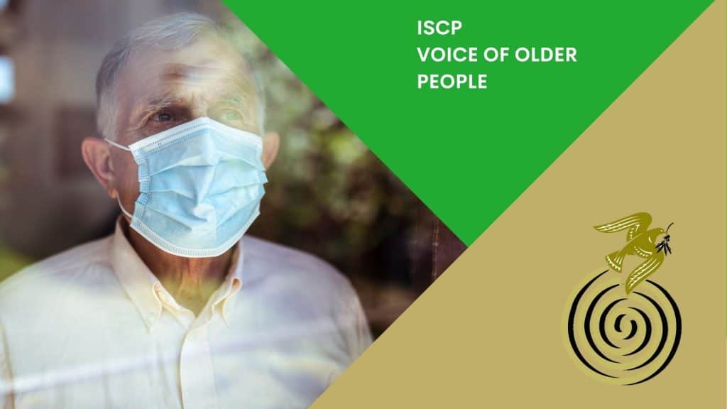 Older man with face mask looking outside, representing senior citizens' safety.