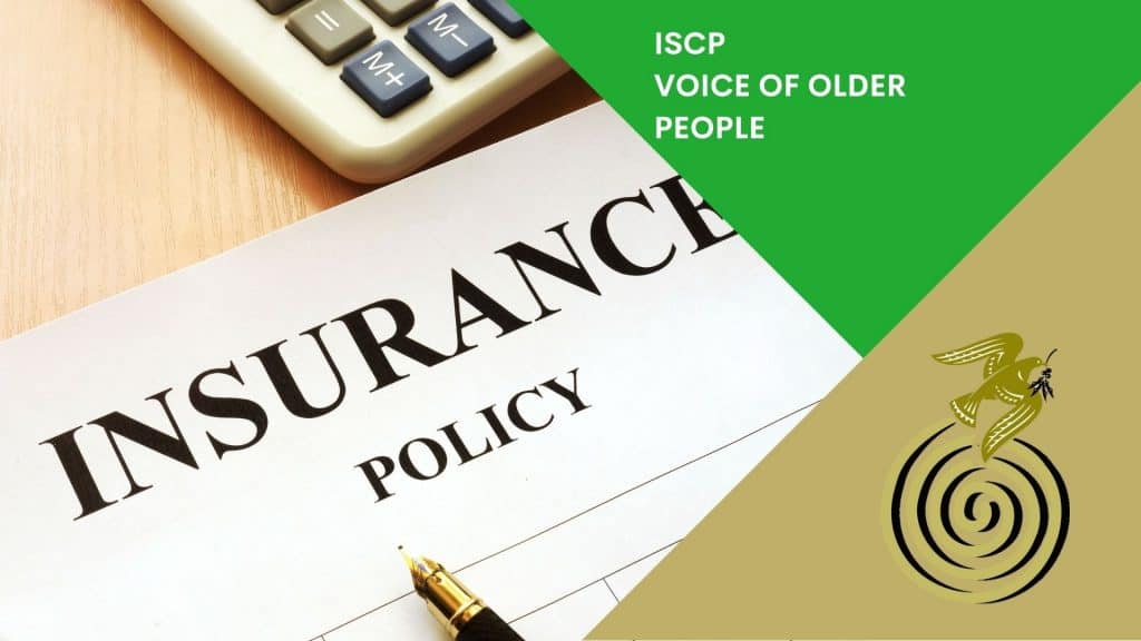Insurance policy document with pen and calculator for older people.