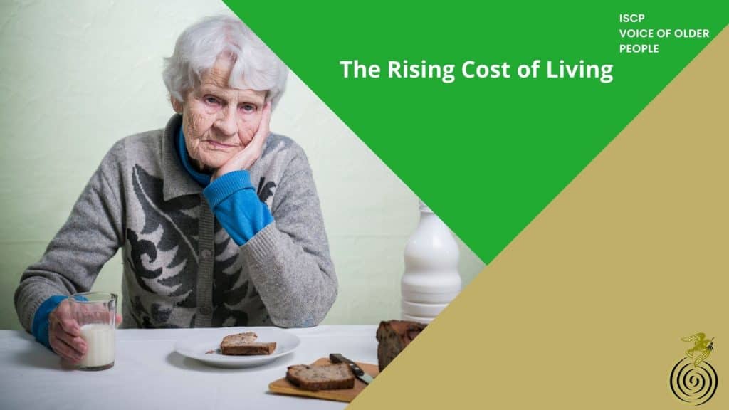 Older woman upset about rising costs of living, sitting at table with breakfast, milk, toast.