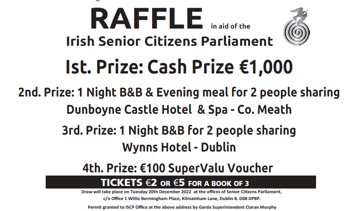 Irish senior citizens raffle for charity with cash prizes and hotel stays in Dublin.