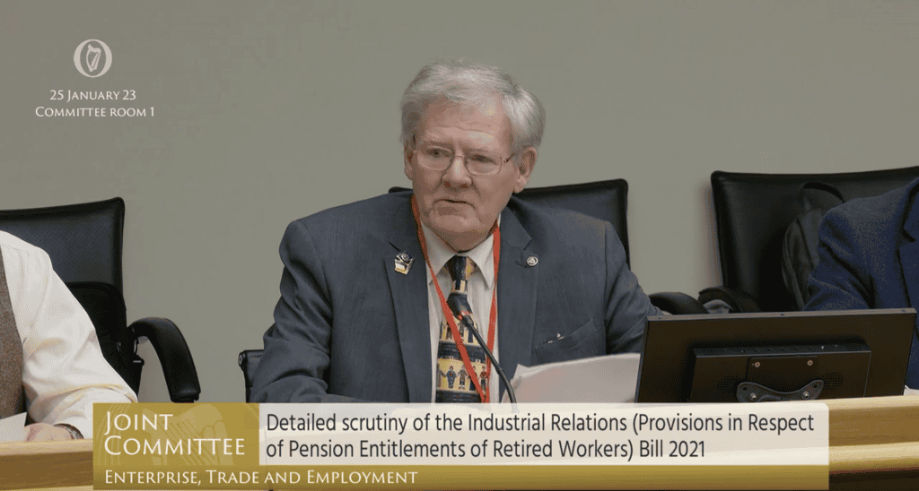 Senior citizens at the Irish Parliament discussing pension entitlements and social welfare.