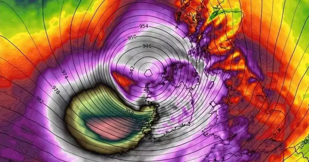 Weather map showing storm over Ireland, illustrating weather challenges faced by senior citizens.