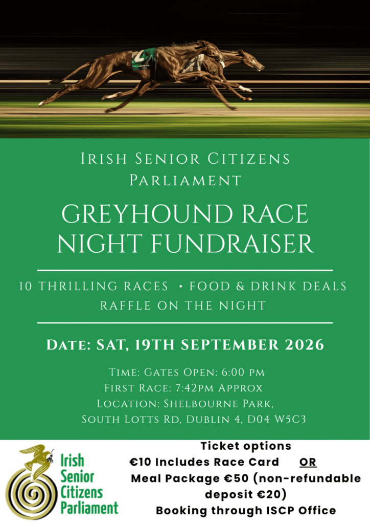 Used v.11Aug Greyhound Night Fundraiser Poster for Irish Senior Citizens Parliament
