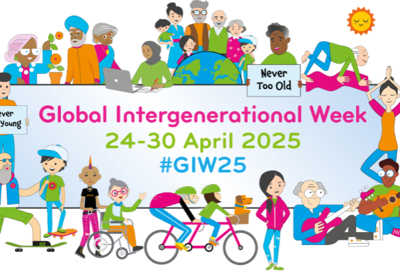 Vibrant illustration of seniors and young people celebrating intergenerational unity for awareness week.