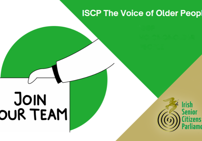Irish Senior Citizens Parliament logo with "Join Our Team" message.
